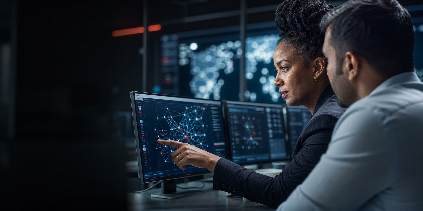 Cybersecurity experts reviewing network activity in a security operations room
