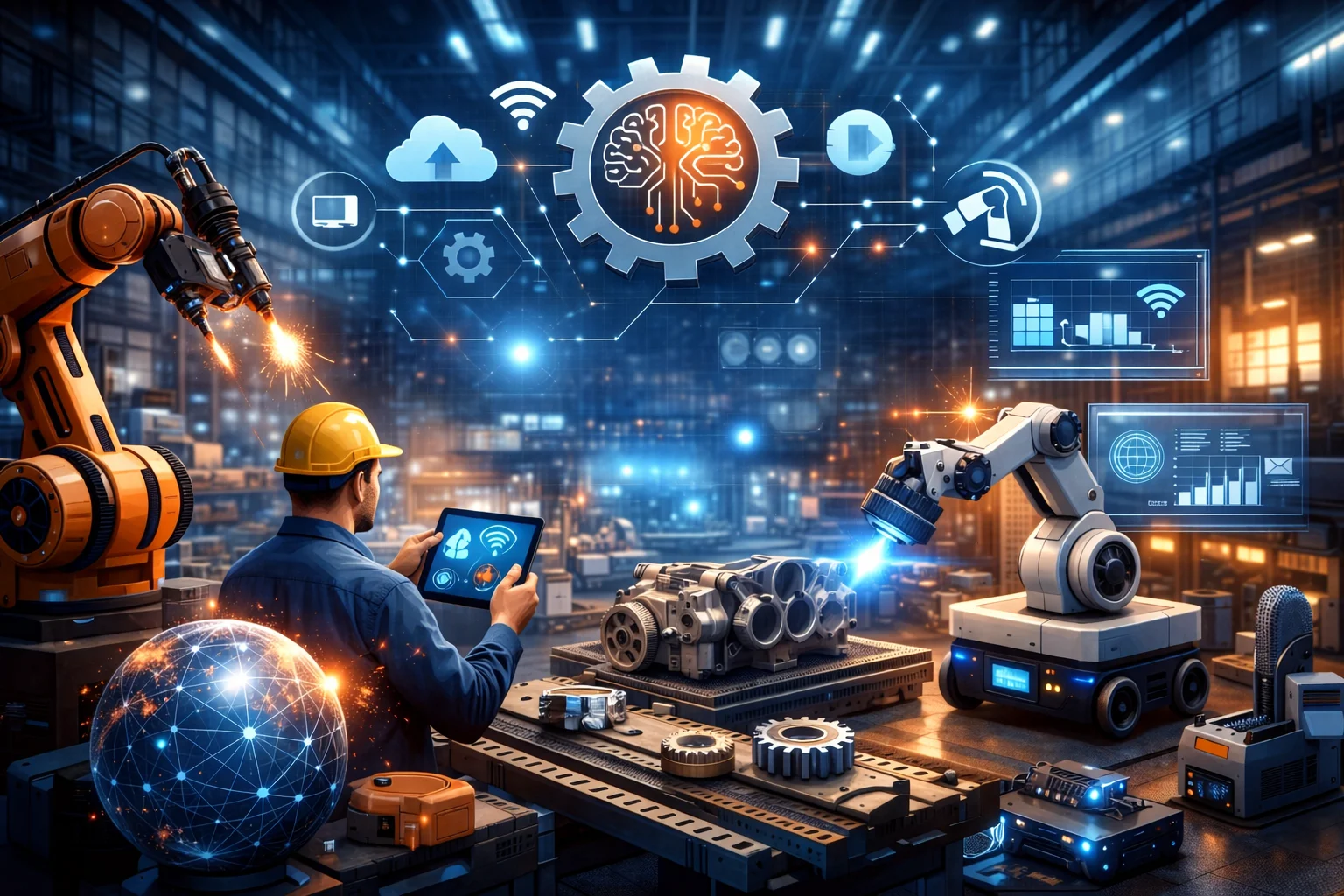 Industrial manufacturing facility with technical production equipment
