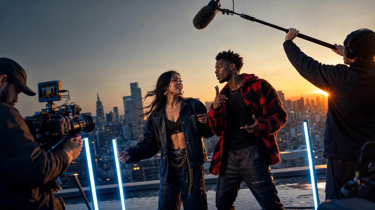 Creators and a production crew filming a campaign on a city rooftop